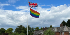 Union Flag and Pride rainbow flag flying over the Sutton Bonington Campus
