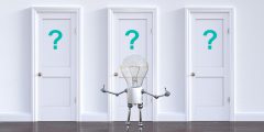 lightbulb character pondering which door to take to his next step