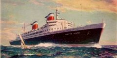 Old postcard to the SS United States, a 1950s glamorous ocean liner cutting through the waves with a sale board elegantly sailing alongside it